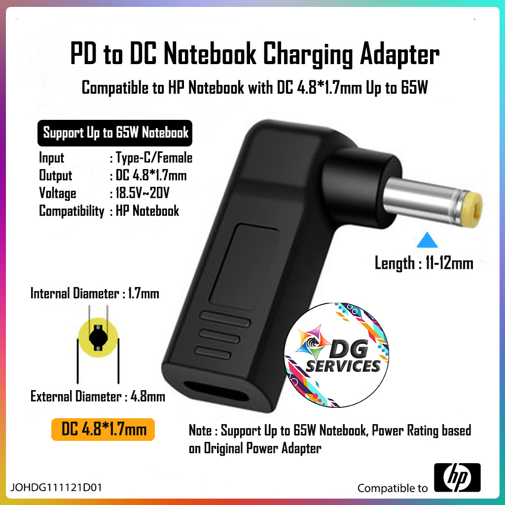 DG Charging Adapter Type C Female to DC 4.8*1.7mm - Compatible to HP 65W