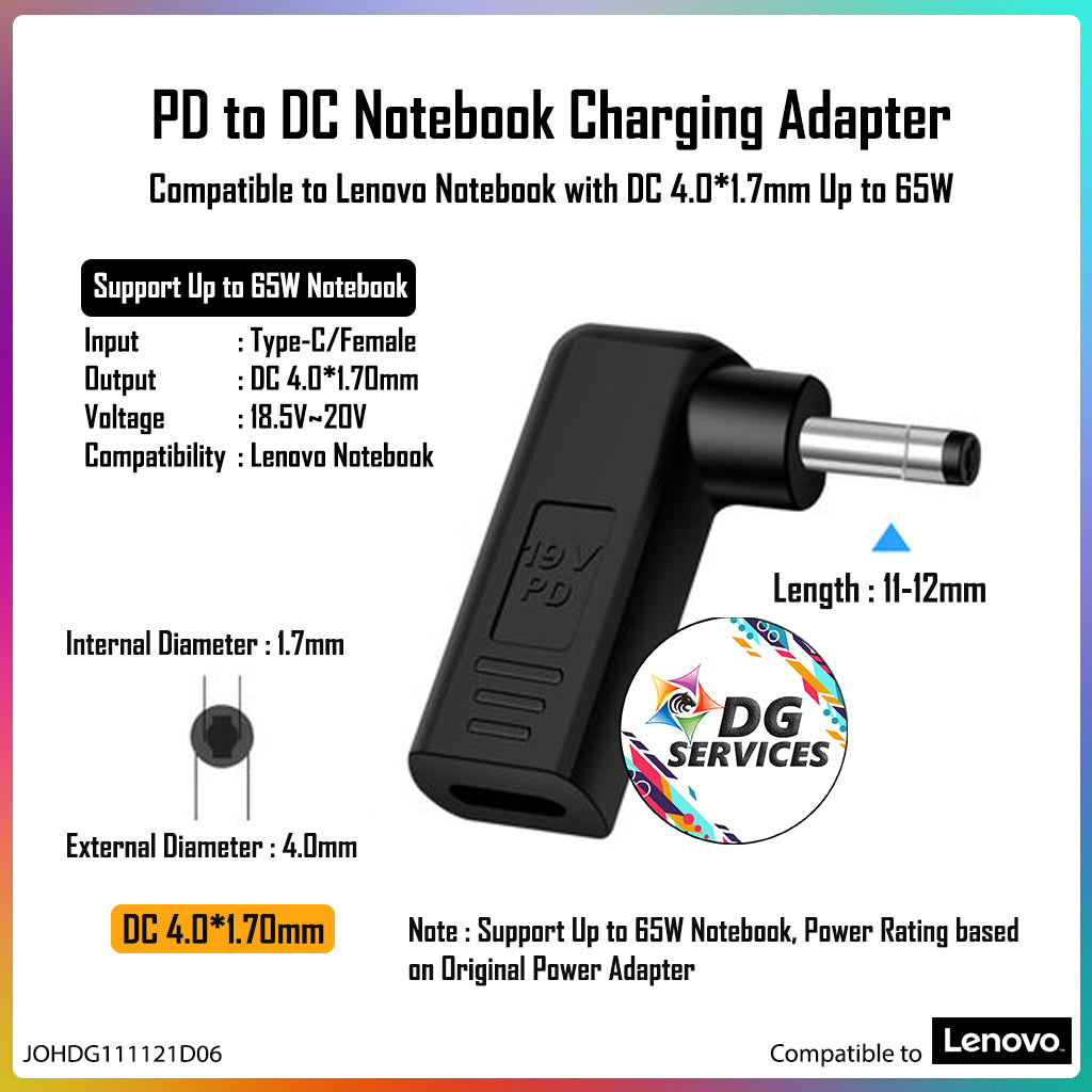 DG Charging Adapter Type C Female to DC 4.0*1.7mm - Compatible to Lenovo 65W