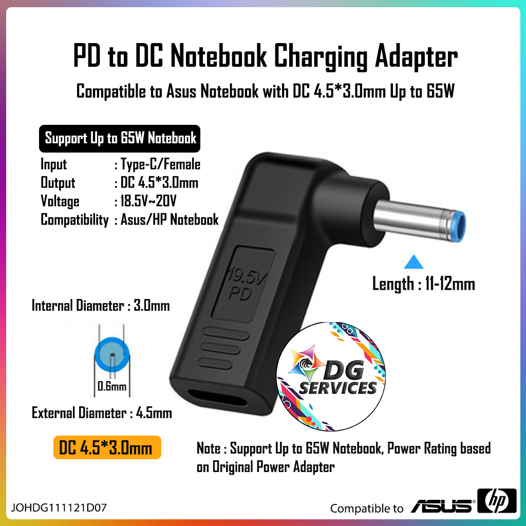 DG Charging Adapter Type C Female to DC 4.5*3.0mm - Compatible to Asus/HP 65W