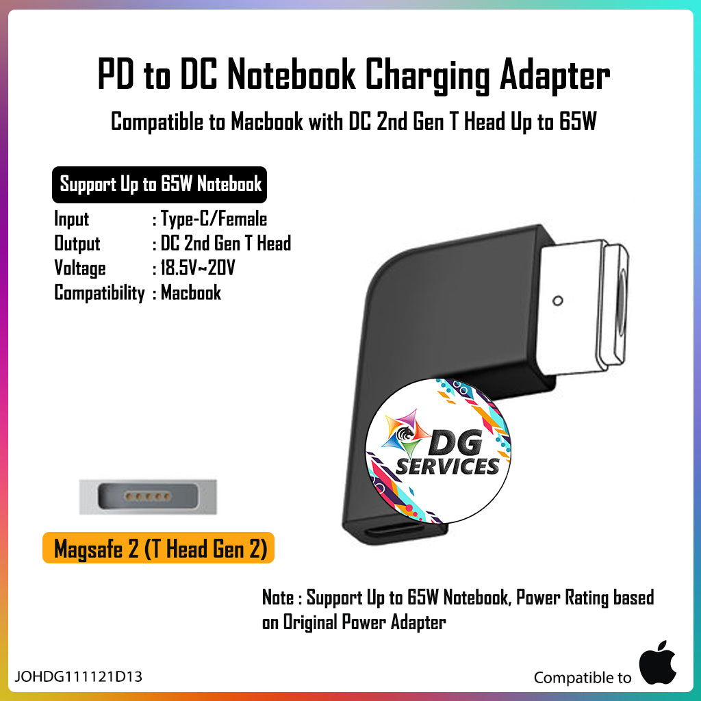 DG Charging Adapter Type C Female to DC 2nd Gen T Head - Compatible to Macbook 65W
