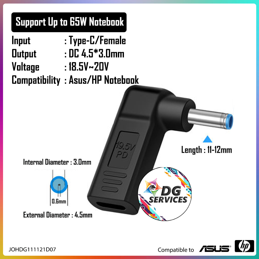 DG Charging Adapter Type C Female to DC 4.5*3.0mm - Compatible to Asus/HP 65W
