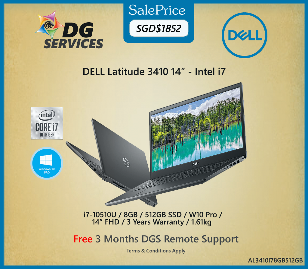 DELL Latitude 3410 -  i7-10510U / 8GB / 512GB SSD / W10 Pro /  14” FHD / 3 Years Warranty / 1.61kg