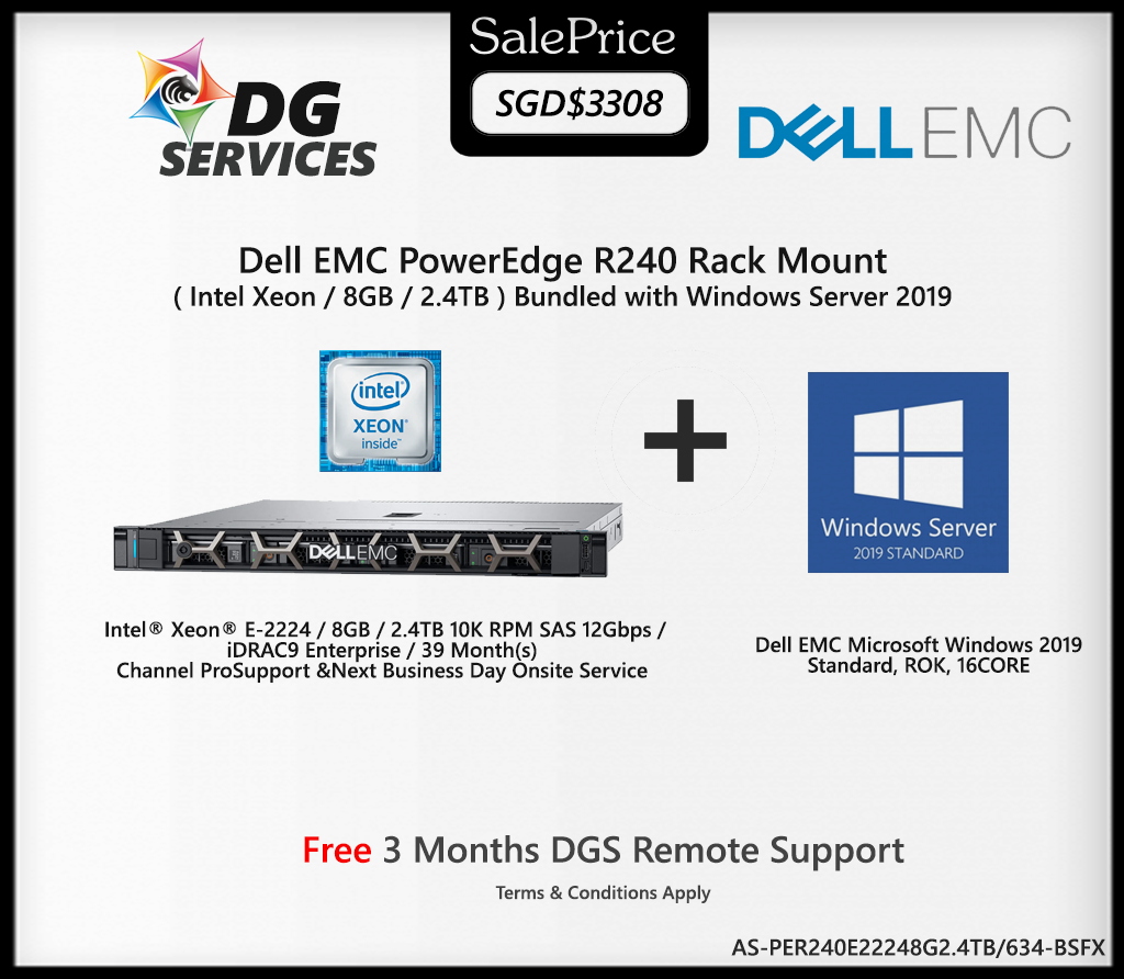 Dell EMC PowerEdge R240 Rack Mount ( Intel Xeon / 8GB / 2.4TB )