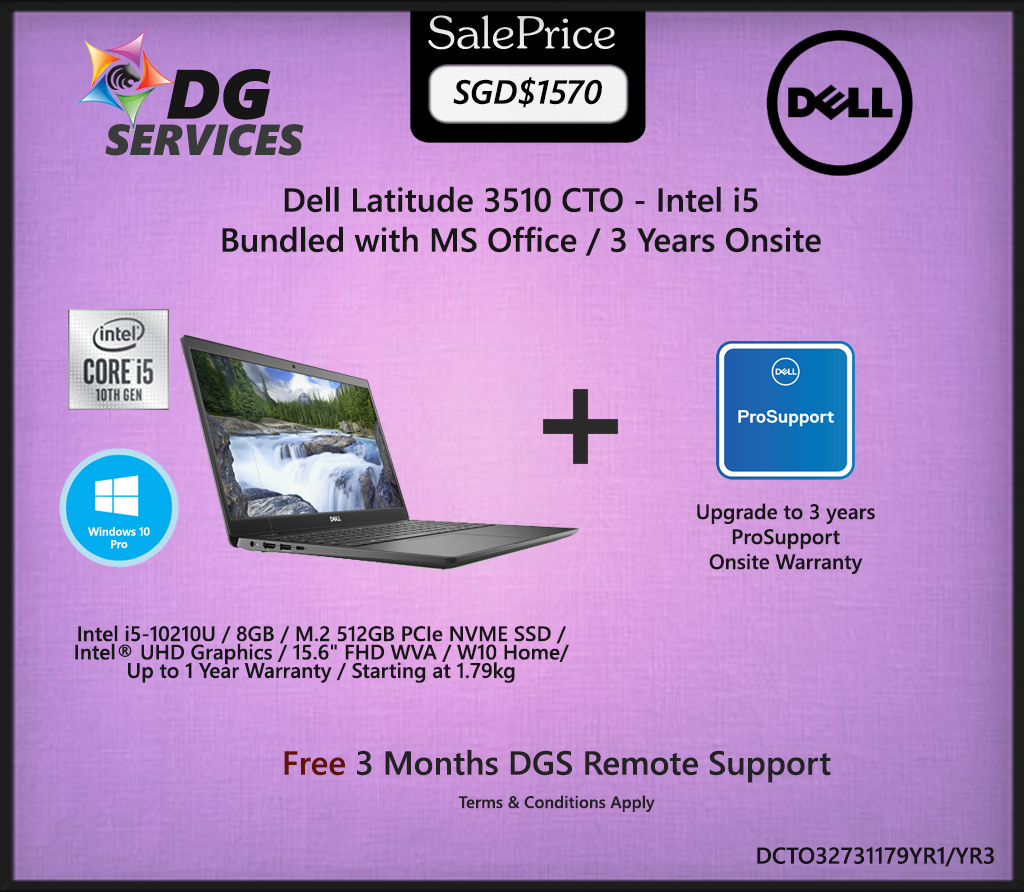 ( Pre-Order ) Dell Latitude 3510 CTO 15.6” - Intel i5-10210U / 8GB / M.2 512GB PCIe NVME SSD /  Intel® UHD Graphics / 15.6" FHD WVA / W10 Home/  Up to 3 Years Warranty / Starting at 1.79 kg