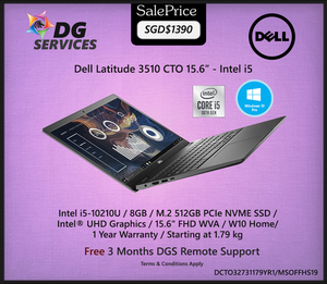 ( Pre-Order ) Dell Latitude 3510 CTO 15.6” - Intel i5-10210U / 8GB / M.2 512GB PCIe NVME SSD /  Intel® UHD Graphics / 15.6" FHD WVA / W10 Home/  Up to 3 Years Warranty / Starting at 1.79 kg