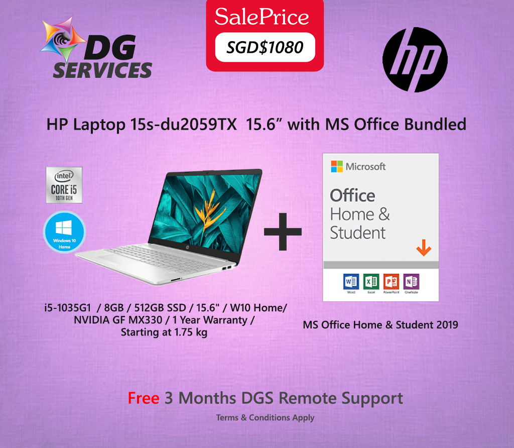 HP Laptop 15s-du2059TX  15.6” -  i5-1035G1  / 8GB / 512GB SSD / 15.6" / W10 Home/  NVIDIA GF MX330 / 1 Year Warranty