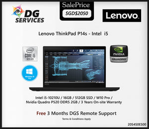 Lenovo ThinkPad P14s - Intel  i5 / 16GB / 512GB SSD / W10 Pro / Nvidia Quadro / 3 Years