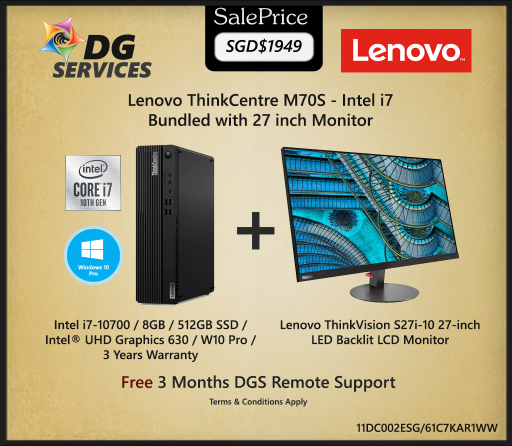 Lenovo ThinkCentre M70S - Intel  i7-10700  / 8GB / 512GB SSD / Intel® UHD Graphics 630 /  W10 Pro / 3 Years Warranty